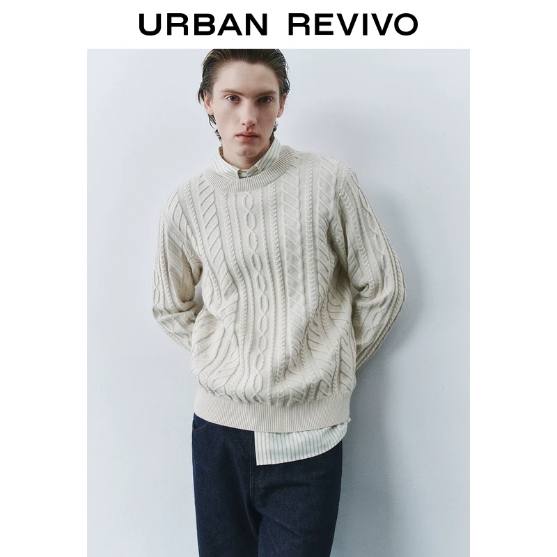 UR2025春季新款男装复古休闲百搭绞花圆领针织衫UMU950002