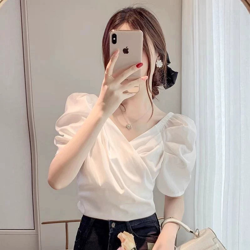 小个子泡泡袖雪纺衬衫女夏设计感甜美洋气交叉衬衣V领修身短款上