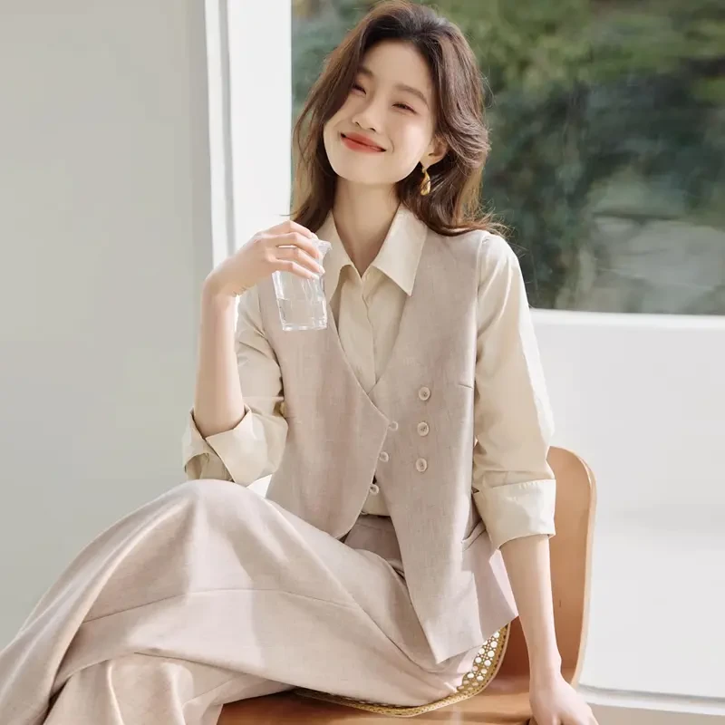 时尚高级感穿搭一整套马甲+衬衫套装女春季2025新款阔腿裤两件套