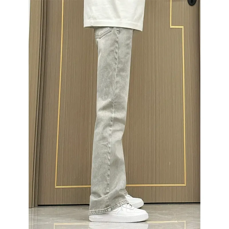 水泥烟灰色弯刀牛仔裤男秋冬加厚修身高个子裤子美式高街微喇长裤