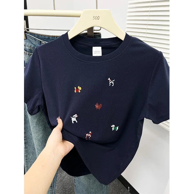 藏蓝色正肩圆领短袖t恤女装春夏新款韩版洋气百搭小个子穿搭上衣_