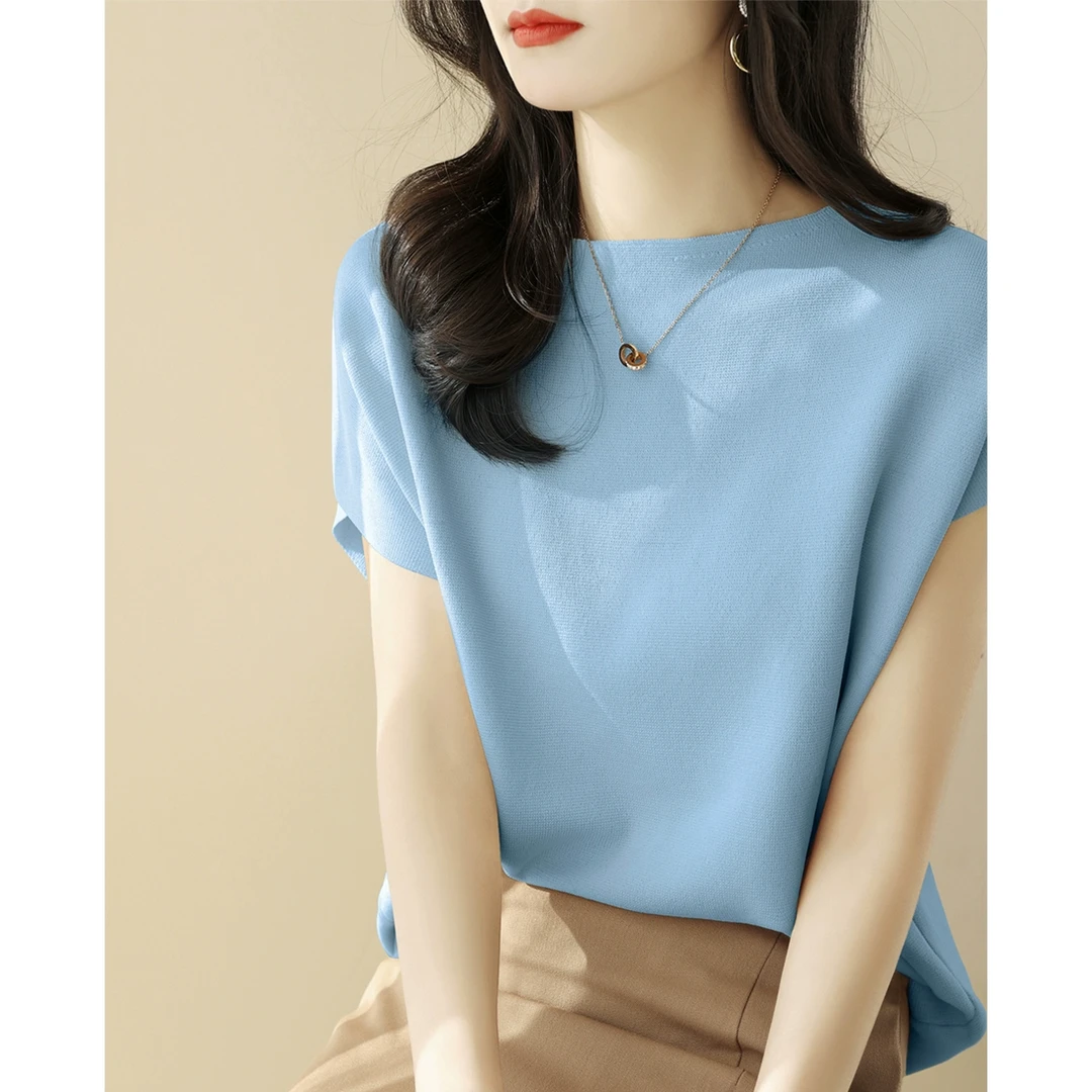 高级感别致薄款一字领小飞袖针织衫夏季新款时尚宽松蝙蝠袖上衣女