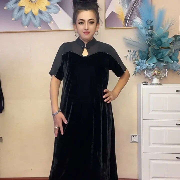 高级丝绒新中式气质国风改良旗袍裙假两件修身连衣裙