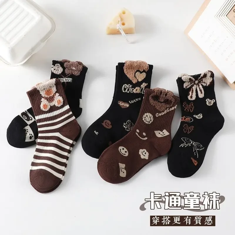 秋冬羽毛纱高定儿童中筒袜羽毛小熊高筒可爱卡通中大童女童袜子