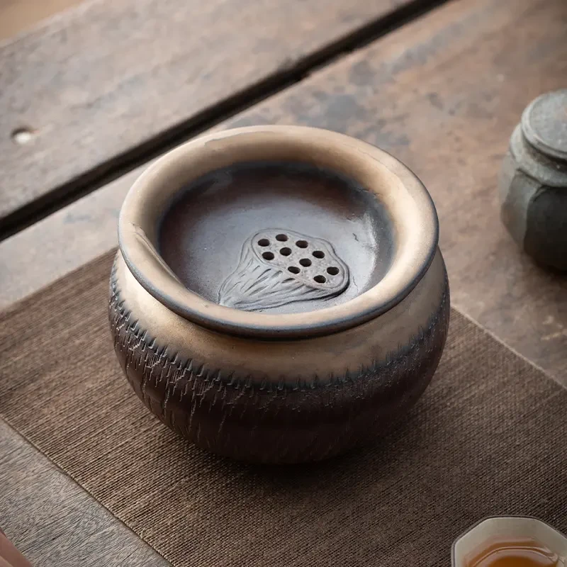 复古粗陶茶大号茶渣带盖鎏金莲蓬跳刀建水茶洗大容量陶瓷水盂茶道