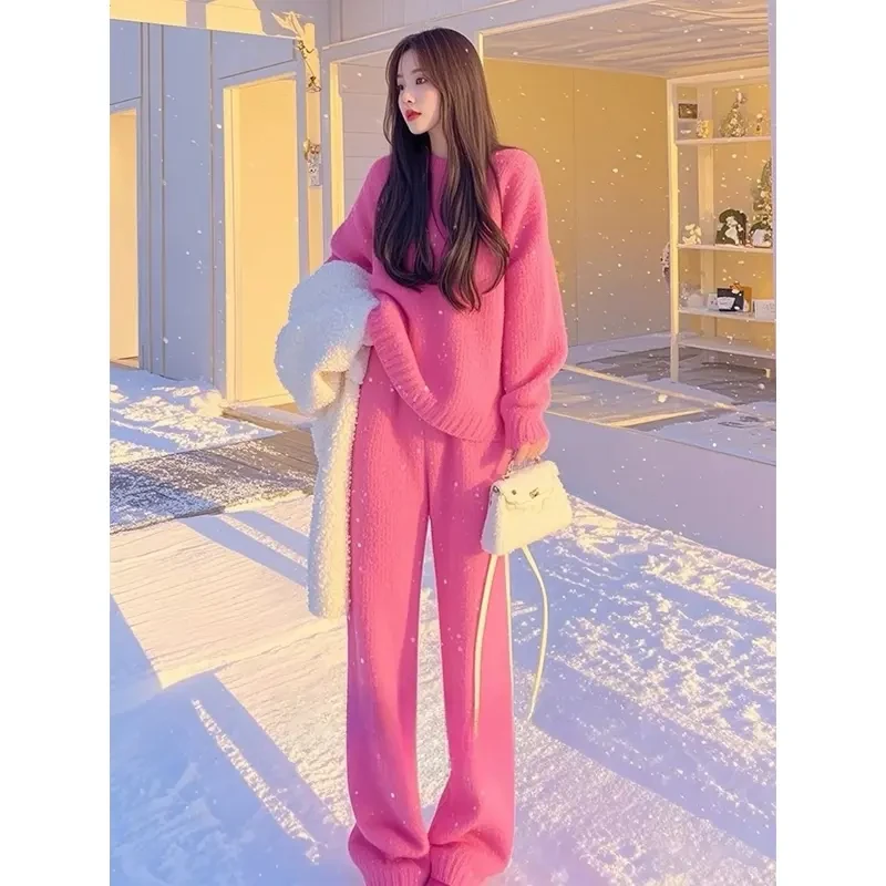 韩系搭配一整套冬装超好看独特漂亮粉色毛衣高级感气质针织套装裤