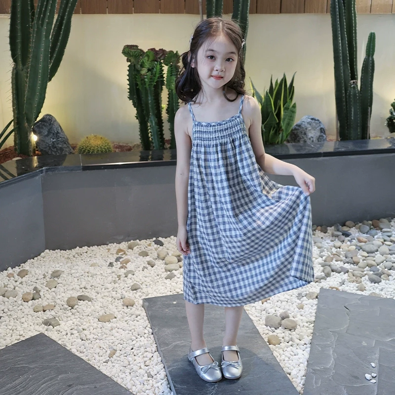 儿童夏季休闲连衣裙女童韩版洋气格子吊带裙宝宝夏装无袖长款裙子