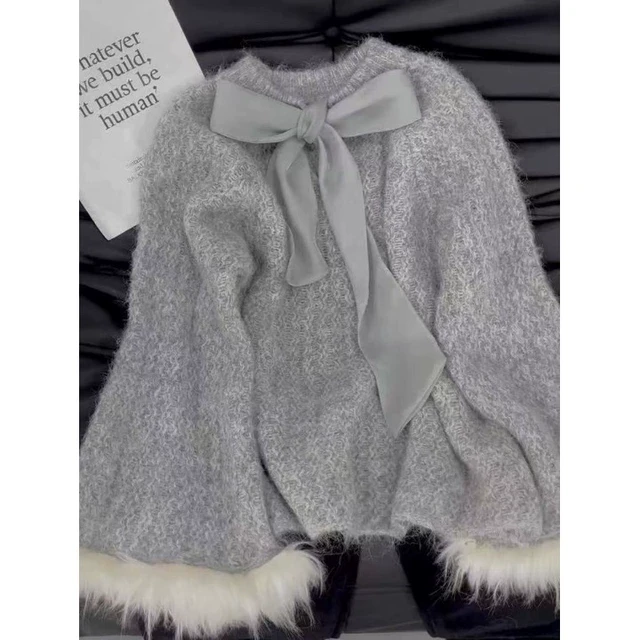 灰色慵懒风马海毛毛衣女冬季高级感超好看蝴蝶结宽松套头针织上衣