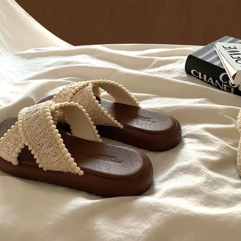 波西米亚编织凉拖鞋女夏季外穿ins法式温柔罗马沙滩防滑一字拖鞋