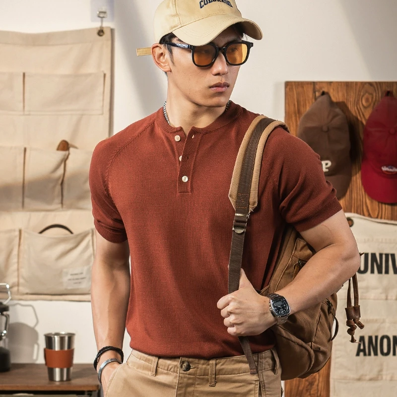 美式复古亨利领T恤男重磅针织亨利衫短袖阿美咔叽henry shirt TEE