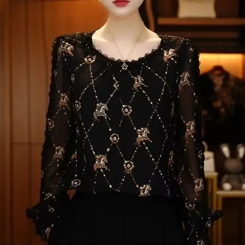 2025新款琉璃双皱丝洋气时尚百搭显瘦休闲气质印花女士长袖上衣