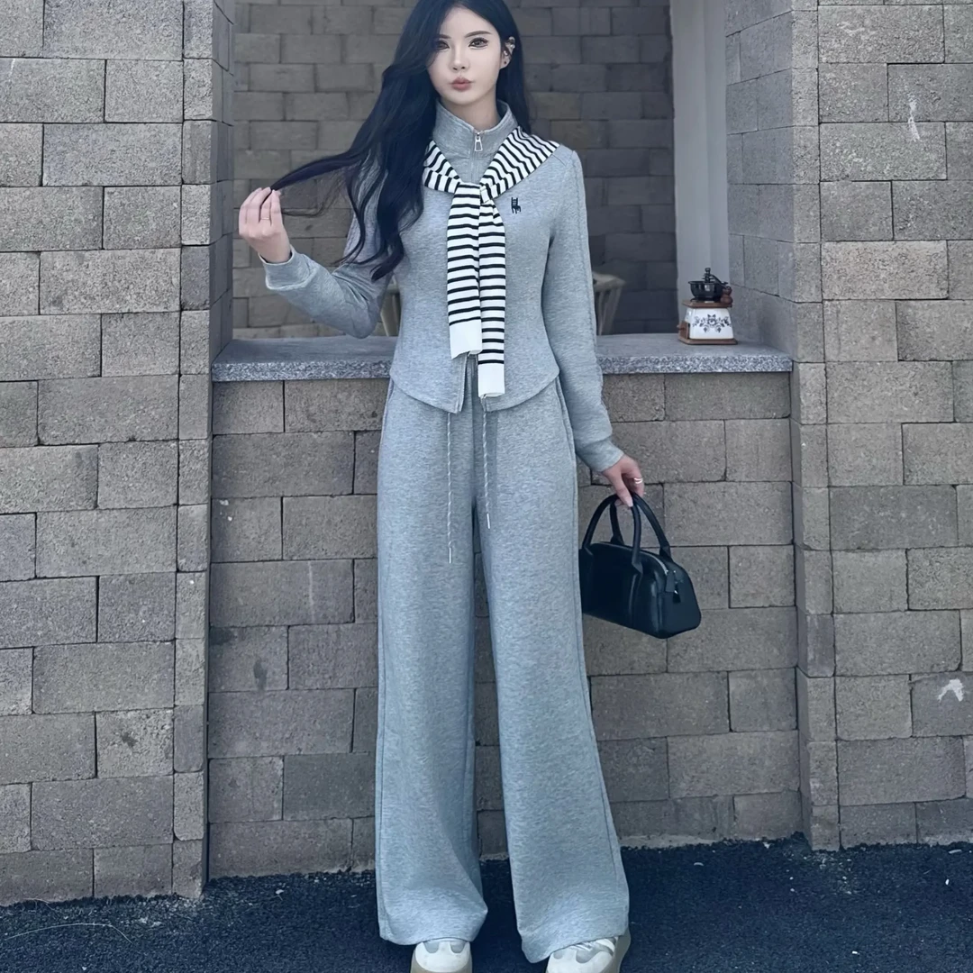 街头风慵懒风老钱风针织条纹披肩领休闲立领卫衣女时尚减龄两件套