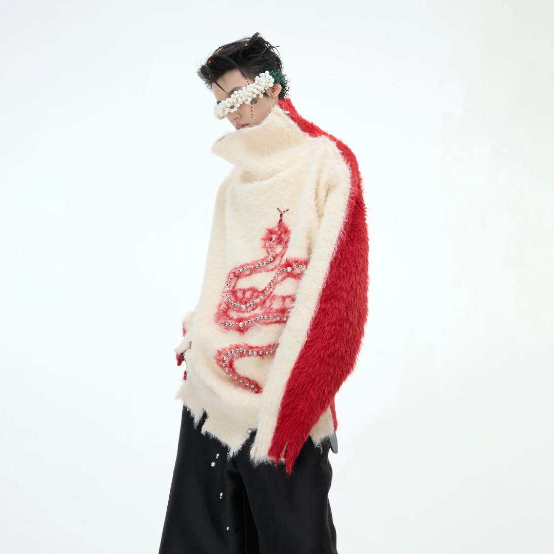 ArguECulturE冬灵 小众防貂毛蛇年珍珠点缀毛衣高领毛绒软糯上衣