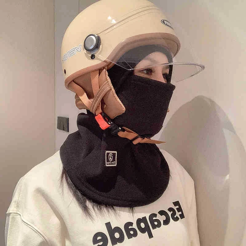 骑车面罩围脖帽子一体男女冬季头盔内胆帽抓绒保暖护耳防寒围脖c