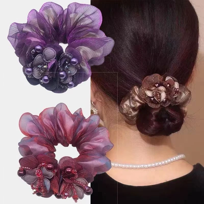 高弹力布艺发饰网纱发圈高级感大肠圈丸子头盘发头绳妈妈头花发饰