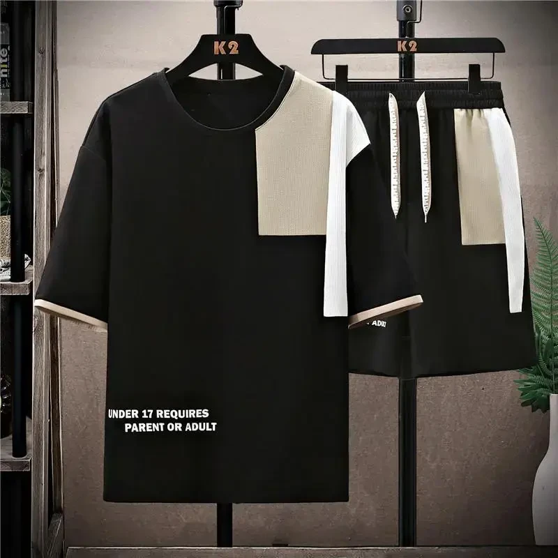 【轻奢精选】男士休闲运动套装拼色撞色潮流夏季百搭宽松圆领帅气