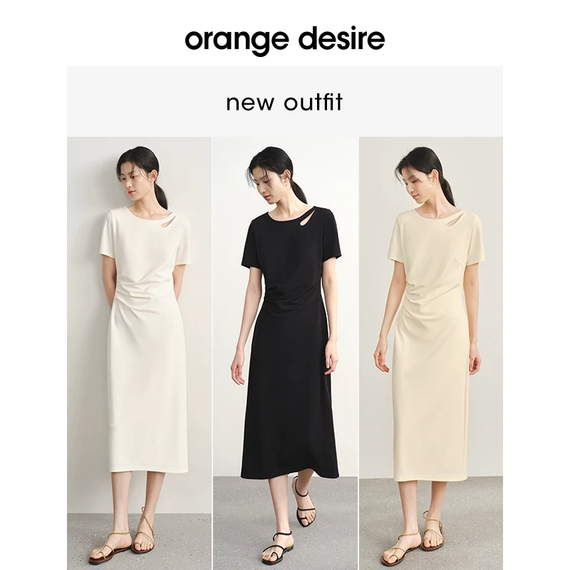 orange desire气质镂空水滴领捏褶连衣裙女显瘦OD2DML3006
