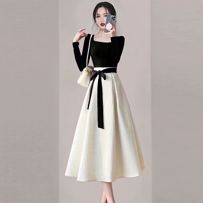 小香风黑白撞色连衣裙女2025年夏季新款ol通勤轻奢大摆裙7626
