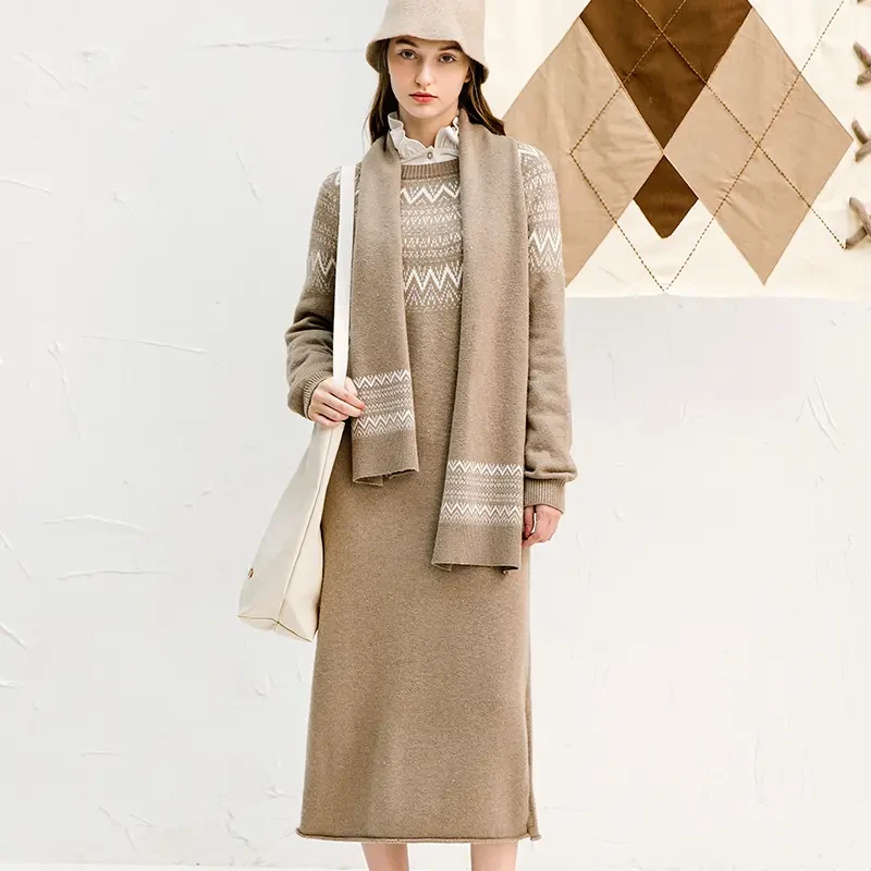 famecoco范可儿女装连衣裙2024秋冬复古提花毛针织长裙F218FA010