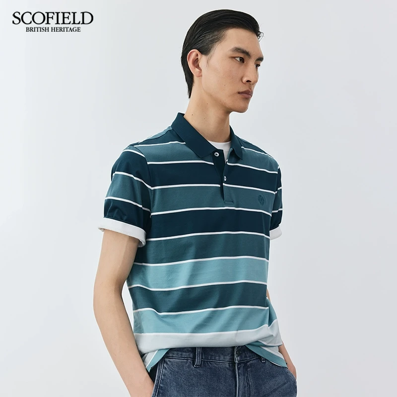 SCOFIELD商务休闲T恤夏季纯棉短袖刺绣翻领条纹拼色POLO衫