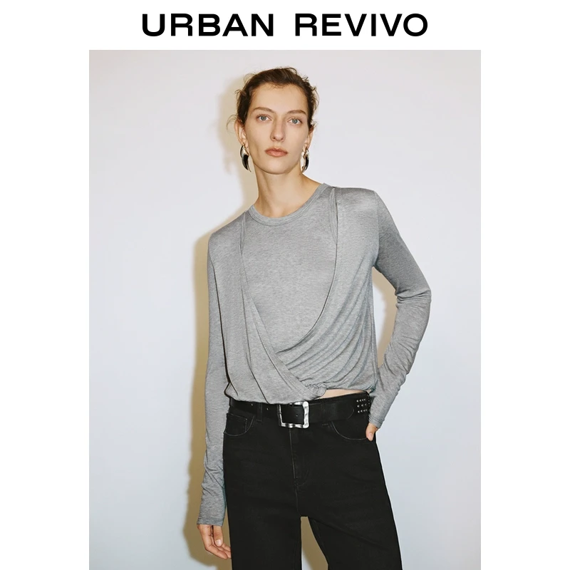 UR2025春季新品女装欧若风潮流设计感拼接假两件长袖T恤UWJ450015