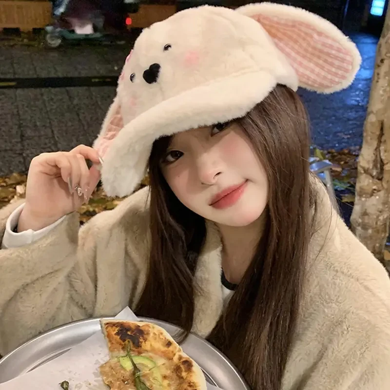 【喵喵】可爱腮红兔耳朵帽蝴蝶结毛绒女冬季卡通显脸小驾车个人用品