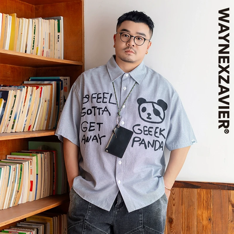 韦恩泽维尔宽松大码男夏翻领涂鸦卡通印花牛津纺休闲条纹衬衫9191