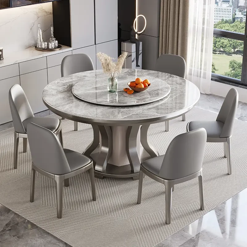 轻奢岩板餐桌椅组合家用小户型实木圆桌现代圆形带转盘酒店饭桌