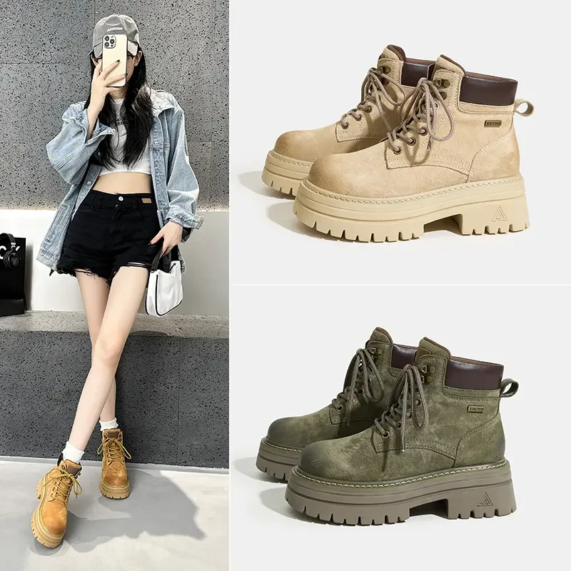 白鹿同款真皮厚底马丁靴女2025新款复古英伦风小个子增高大黄靴