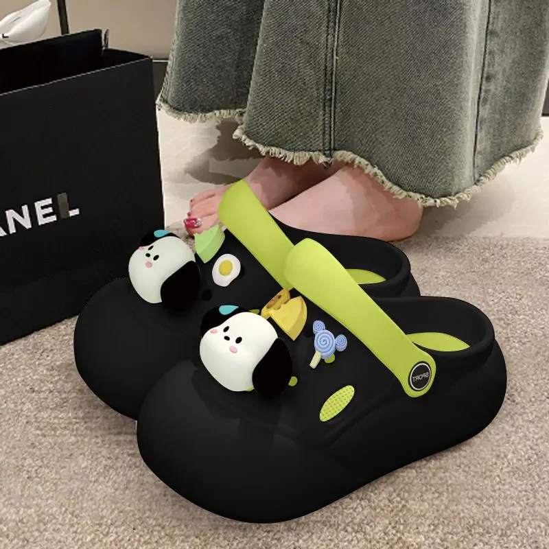 厚底包头拖鞋女夏季2025新款外穿DIY休闲洞洞鞋黑色软底防滑沙滩