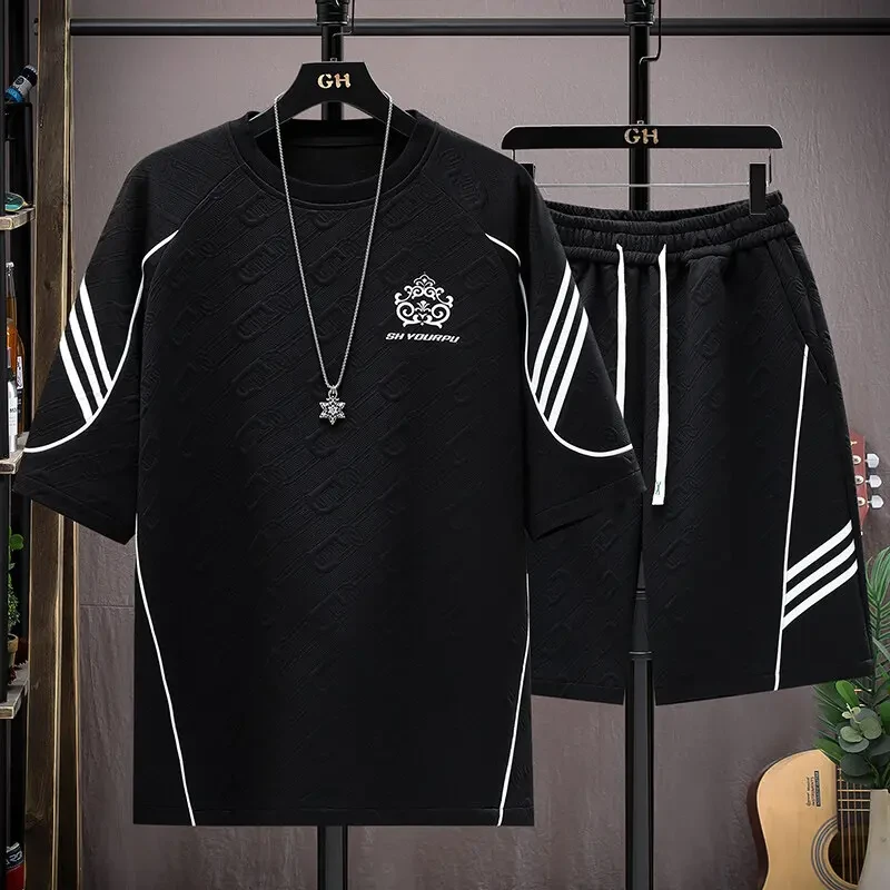 时尚休闲运动套装男夏季港风复古潮牌潮流高中生短袖T恤宽松短裤