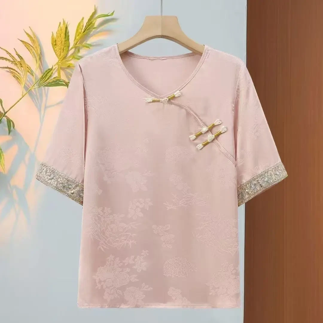 新中式妈妈T恤透气复古盘扣薄款中国风复古夏季气质提花T恤1