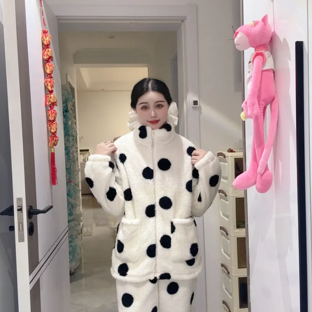 女士印花加绒加厚保暖秋冬秋冬季家居服睡衣