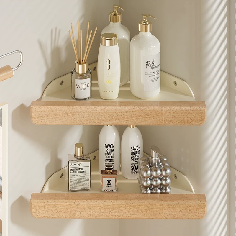 原木奶油风浴室架子置物架免打孔卫生间厕所墙上三角沐浴露收纳架