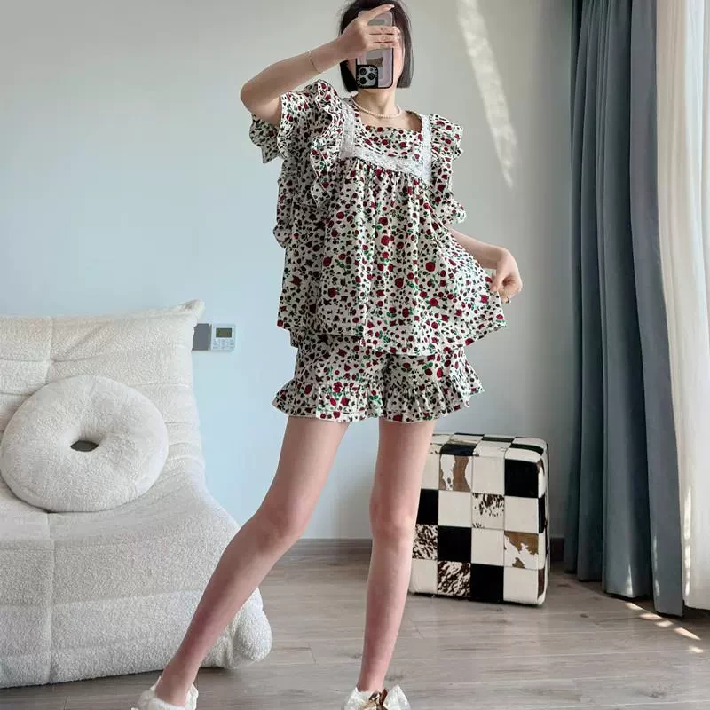 2025新款韩版花边女睡衣套装方领甜美印花夏季可外穿家居服