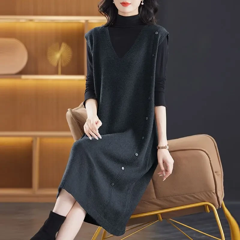 秋冬新款背心裙加肥加大码宽松遮肉无袖连衣裙胖mm外穿针织中长款