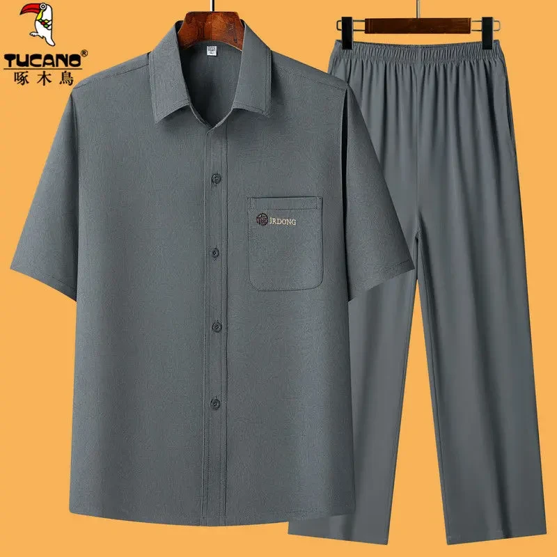 啄木鸟男士短袖衬衫套装中老年爸爸爷爷夏季冰丝薄款衬衣休闲夏装