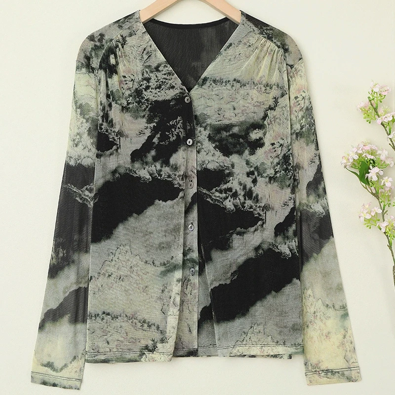 LANZIBES/蓝之蓓真丝网眼V领长袖双层网纱印花桑蚕丝衬衫C9251