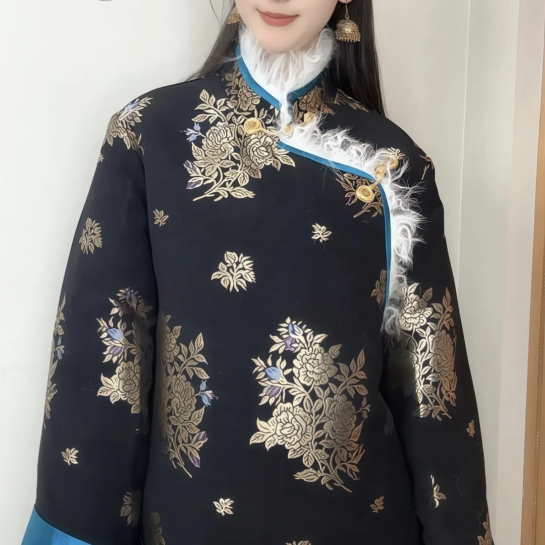 新款藏式外套女士雪尼尔加毛加厚民族风印花新中式盘扣冬季上衣