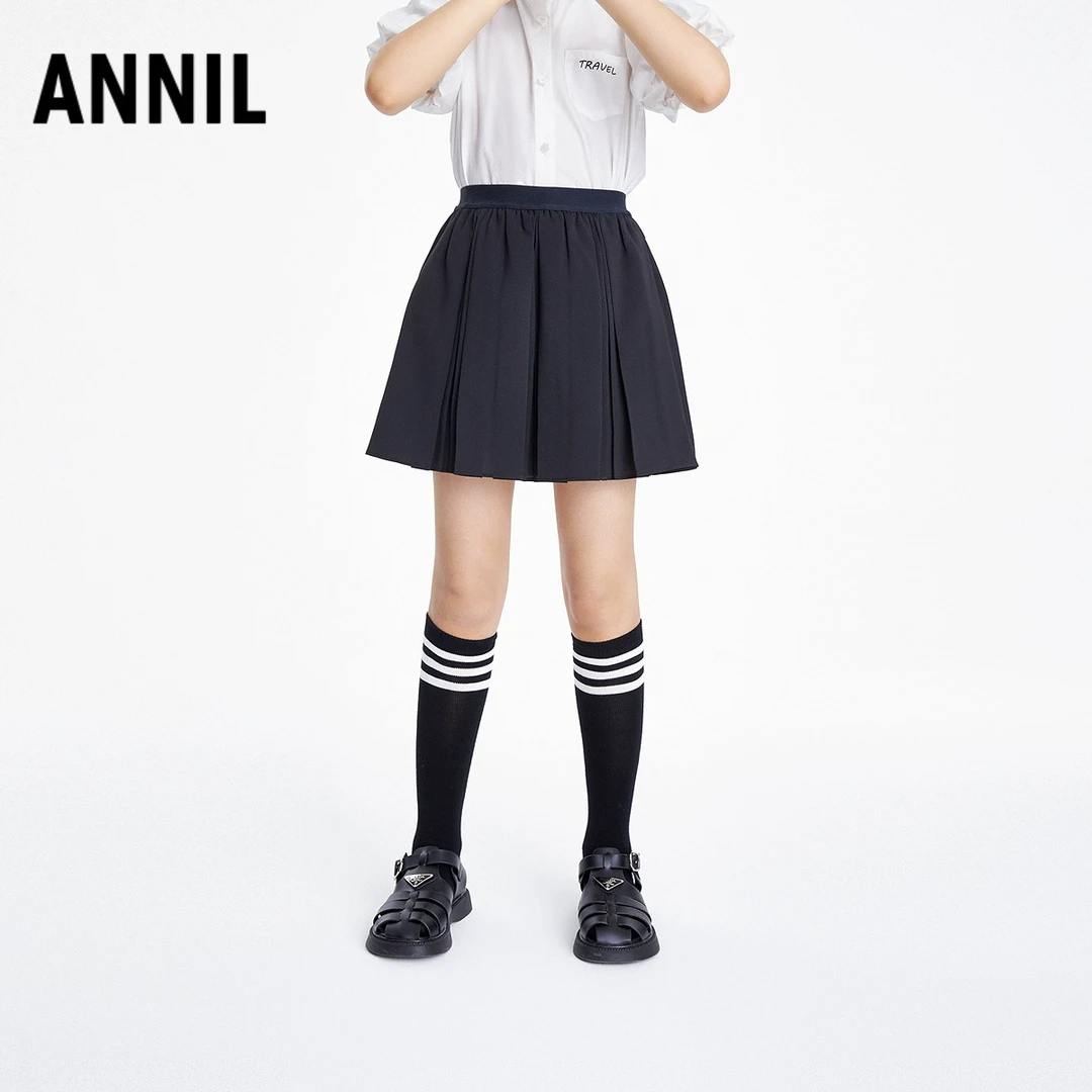 安奈儿童装女童短裙2025夏新款学院风内衬安全裤校服裙EG523043