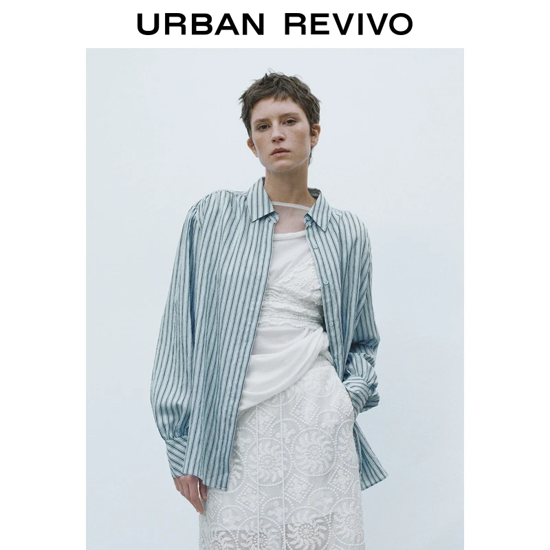 UR2025夏季新款女装休闲撞色条纹长袖开襟衬衫UWM250050