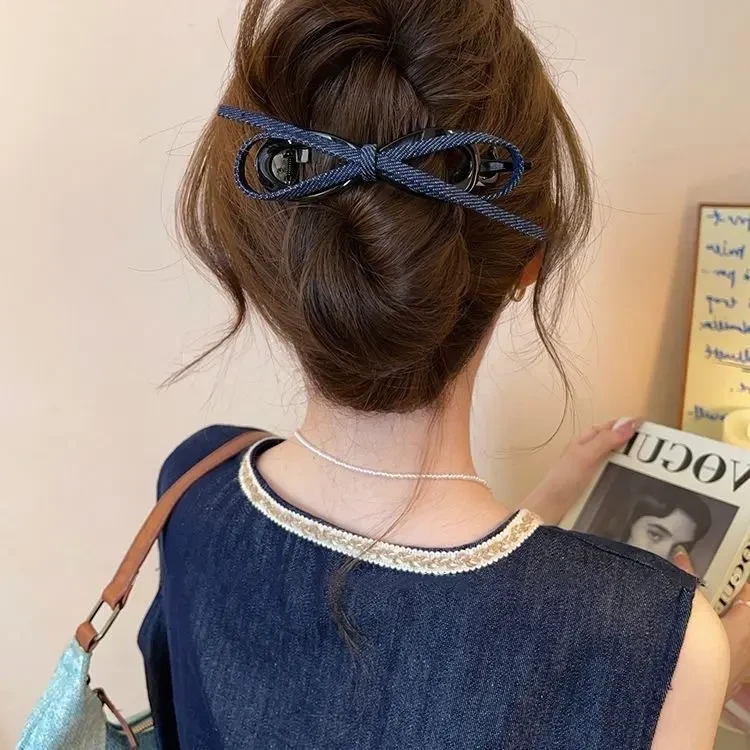 复古牛仔蝴蝶结扭扭夹女高级感2025新款一字抓夹后脑勺盘发夹发饰