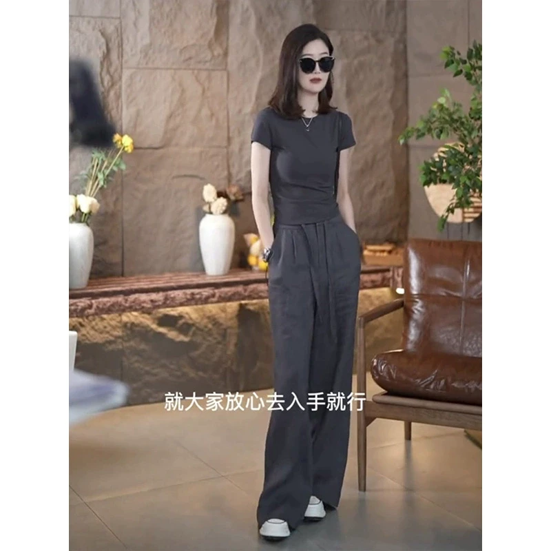欧货冰丝阔腿裤套装女2025年夏季新款短款修身短袖T恤搭配一整套