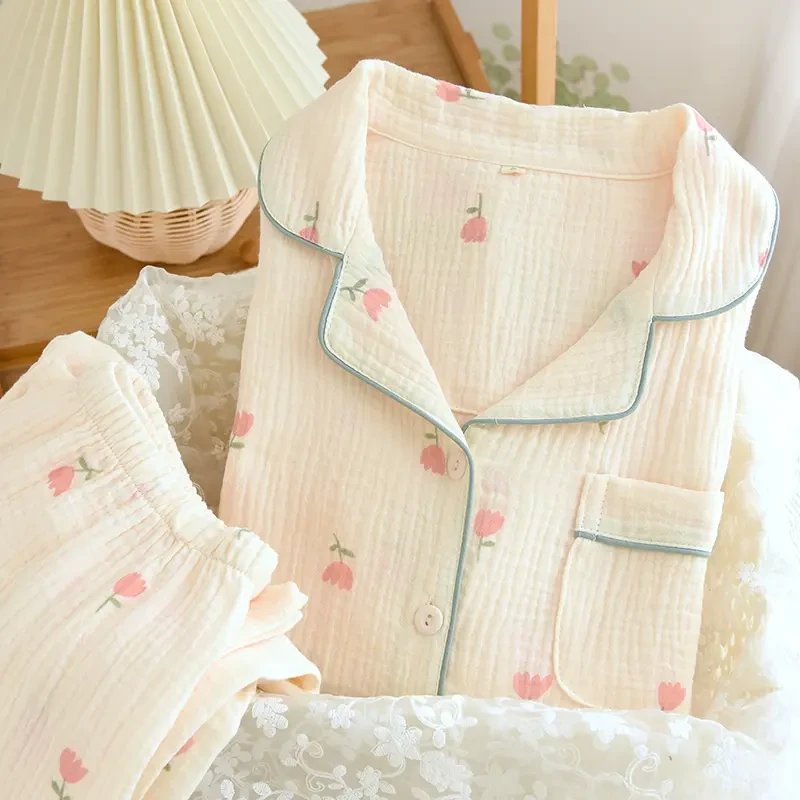 全棉双层纱布睡衣女士春秋长袖长裤套装薄款四季款纯棉家居服宽松