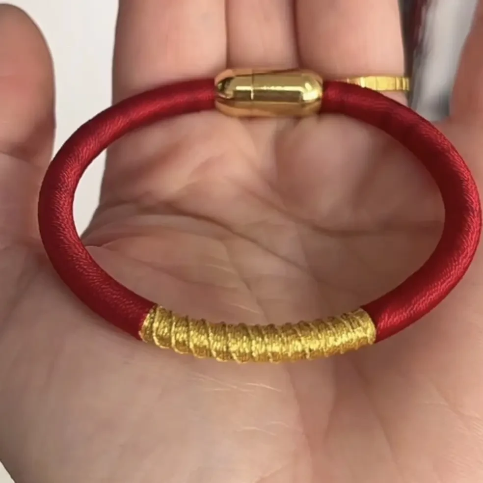 黄铜涤纶手链 含天然辰砂纯手工编织情侣款黄铜涤纶朱砂手链