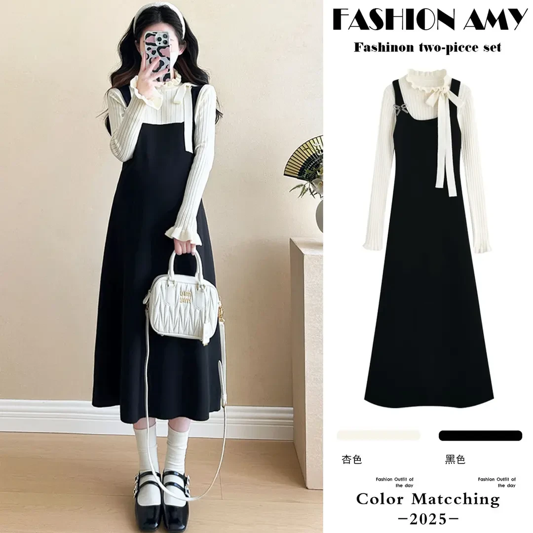 孕妇连衣裙春装新款洋气时尚小个子假两件针织显瘦小香风千金裙子