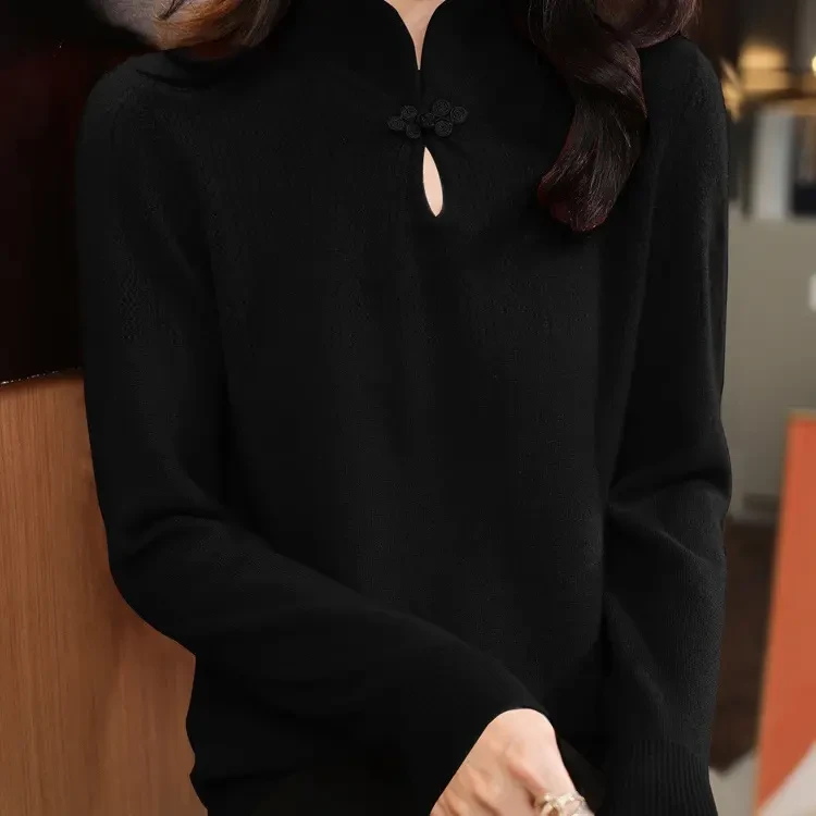 100%羊毛衫中国结宽松型不褪色常规女常规款衫显瘦半高领百搭长袖