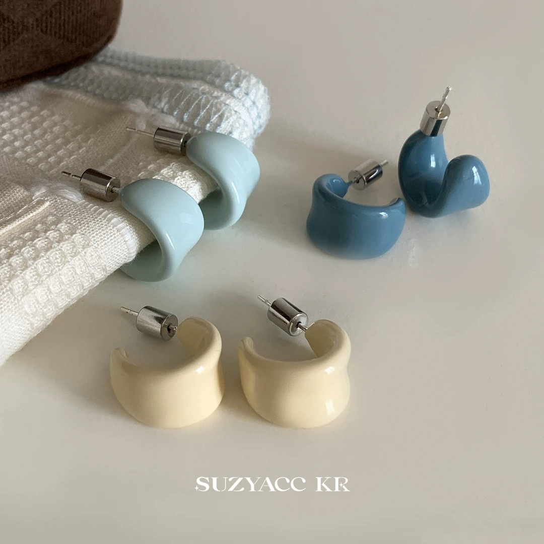 Suzyacc Kr 合金耳饰 超美奶油蓝珐琅滴釉C型耳环2025新款E2646