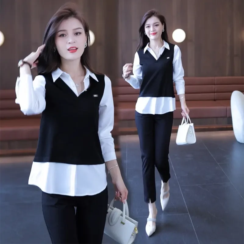 假两件拼接长袖衬衫女士春秋季新款气质法式休闲上衣宽松显瘦衬衣