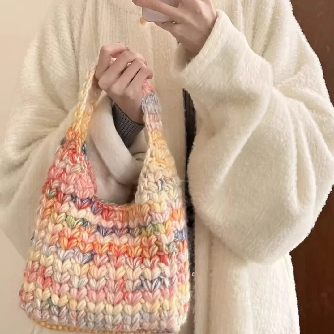 雪妃尔彩虹麦穗手提包钩针编织diy材料包琉璃云单肩包毛线手工